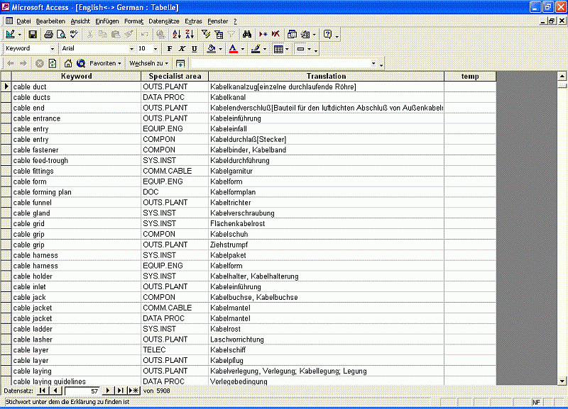 Technical Dictionary English German in SQL, Excel or ACCESS- format